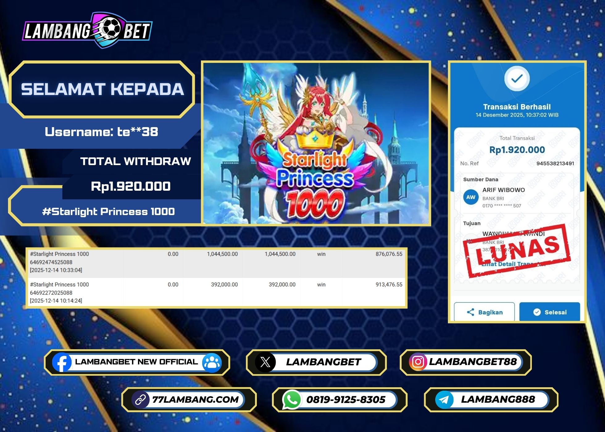 LAMBANGBET [14 DESEMBER 2025] JACKPOT SLOT Starlight Princess 1000 "Rp1.920.000" LUNAS